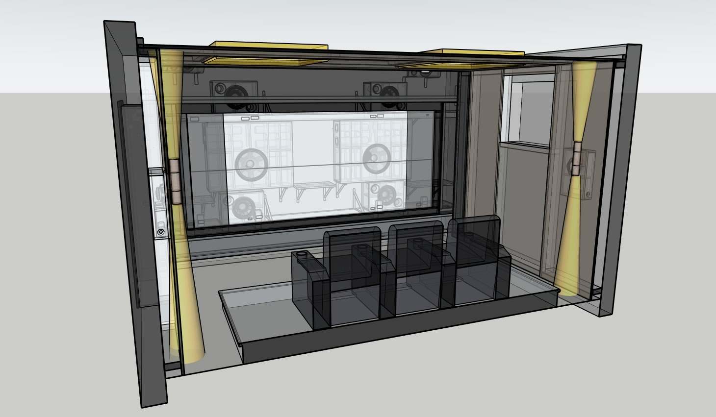 3D-Modell: Lautsprecher und Unterkonstruktion hinter der Leinwand